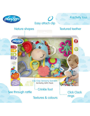 BN-188178,Set jucarii carucior si dentitie, Playgro, Clip Clop, Cu 3 jucarii, Cu 3 inele pentru dentitie, Cu diverse forme si te