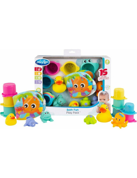 BN-188341,Set 15 jucarii de baie, Playgro, Include 5 animalute, o ratusca plutitoare, o carticica si 8 cupe pentru stivuire, Pla