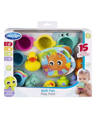 BN-188341,Set 15 jucarii de baie, Playgro, Include 5 animalute, o ratusca plutitoare, o carticica si 8 cupe pentru stivuire, Pla