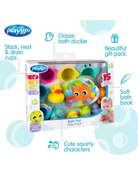 BN-188341,Set 15 jucarii de baie, Playgro, Include 5 animalute, o ratusca plutitoare, o carticica si 8 cupe pentru stivuire, Pla