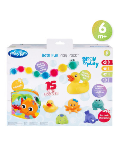 BN-188341,Set 15 jucarii de baie, Playgro, Include 5 animalute, o ratusca plutitoare, o carticica si 8 cupe pentru stivuire, Pla