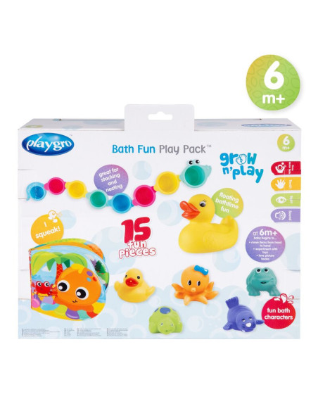 BN-188341,Set 15 jucarii de baie, Playgro, Include 5 animalute, o ratusca plutitoare, o carticica si 8 cupe pentru stivuire, Pla