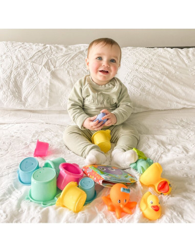BN-188341,Set 15 jucarii de baie, Playgro, Include 5 animalute, o ratusca plutitoare, o carticica si 8 cupe pentru stivuire, Pla