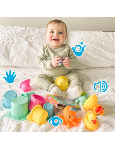 BN-188341,Set 15 jucarii de baie, Playgro, Include 5 animalute, o ratusca plutitoare, o carticica si 8 cupe pentru stivuire, Pla