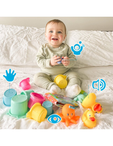 BN-188341,Set 15 jucarii de baie, Playgro, Include 5 animalute, o ratusca plutitoare, o carticica si 8 cupe pentru stivuire, Pla