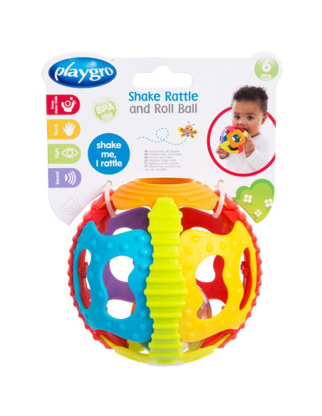 BN-4083681,Minge zornaitoare, Playgro, Cu diverse forme si texturi, 6 luni+, Shake Rattle & Roll Ball