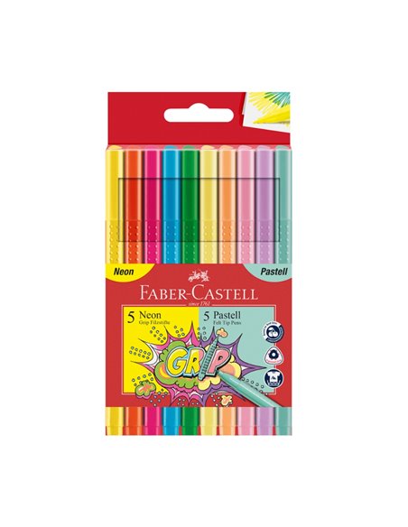 Carioci Faber-Castell FC155312 Grip, Pastel/Neon, 10 culori
