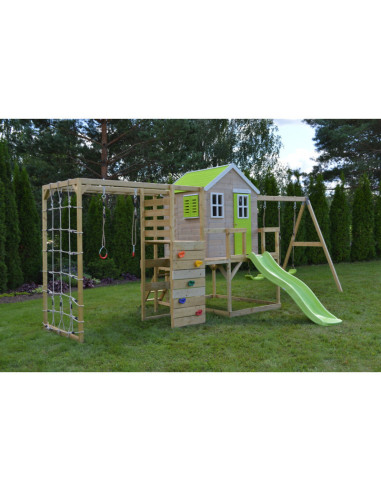 M28L_GK,Casuta de gradina Lime Lodge cu tobogan, leagan dublu, modul sport si bucatarie (M28L_GK), Wendi Toys
