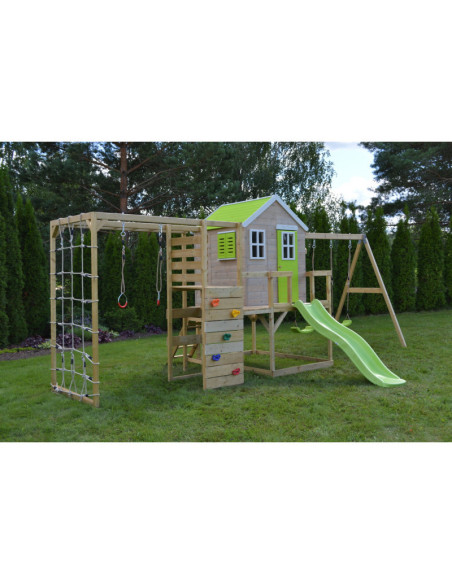 M28L_GK,Casuta de gradina Lime Lodge cu tobogan, leagan dublu, modul sport si bucatarie (M28L_GK), Wendi Toys