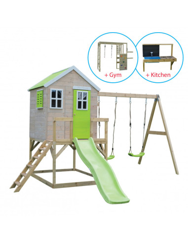M28L_GK,Casuta de gradina Lime Lodge cu tobogan, leagan dublu, modul sport si bucatarie (M28L_GK), Wendi Toys