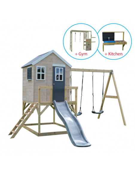 M28G_GK,Casuta de gradina Grey Lodge cu tobogan, leagan dublu, modul sport si bucatarie (M28G_GK), Wendi Toys