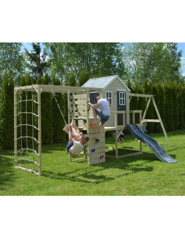 M28G_GK,Casuta de gradina Grey Lodge cu tobogan, leagan dublu, modul sport si bucatarie (M28G_GK), Wendi Toys