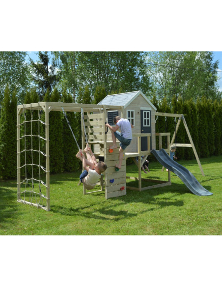 M28G_GK,Casuta de gradina Grey Lodge cu tobogan, leagan dublu, modul sport si bucatarie (M28G_GK), Wendi Toys