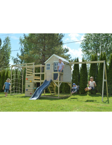 M28G_GK,Casuta de gradina Grey Lodge cu tobogan, leagan dublu, modul sport si bucatarie (M28G_GK), Wendi Toys