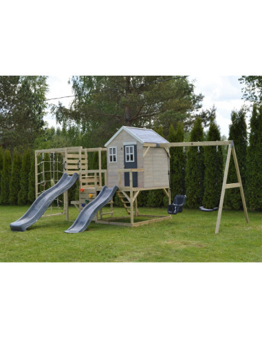 M28G_GK,Casuta de gradina Grey Lodge cu tobogan, leagan dublu, modul sport si bucatarie (M28G_GK), Wendi Toys