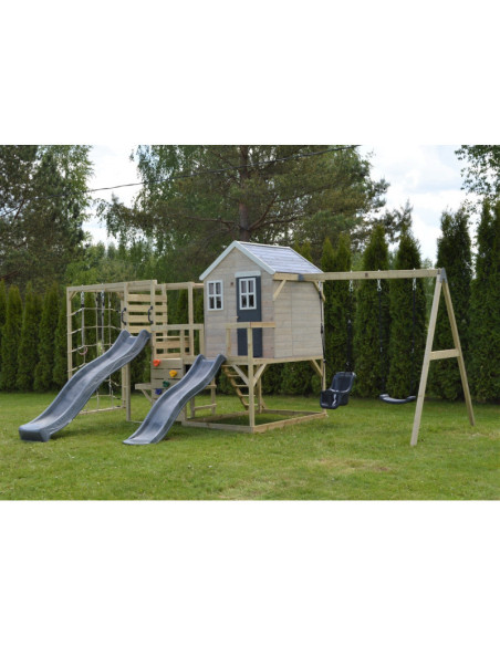 M28G_GK,Casuta de gradina Grey Lodge cu tobogan, leagan dublu, modul sport si bucatarie (M28G_GK), Wendi Toys