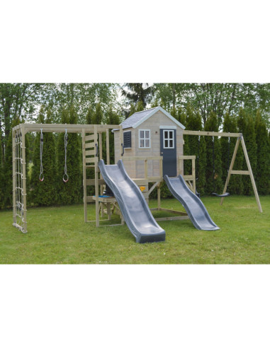 M28G_GK,Casuta de gradina Grey Lodge cu tobogan, leagan dublu, modul sport si bucatarie (M28G_GK), Wendi Toys