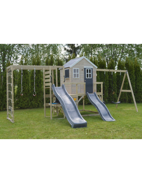 M28G_GK,Casuta de gradina Grey Lodge cu tobogan, leagan dublu, modul sport si bucatarie (M28G_GK), Wendi Toys