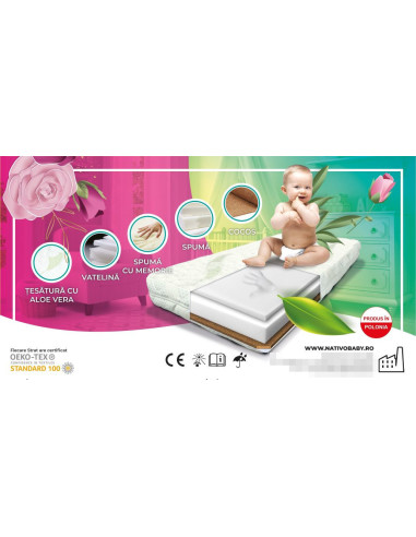 NAT-D/VPK-VK60,Saltea cocos-spuma-spuma cu memorie 120x60x10 cm Nativo Dreams Aloe Vera