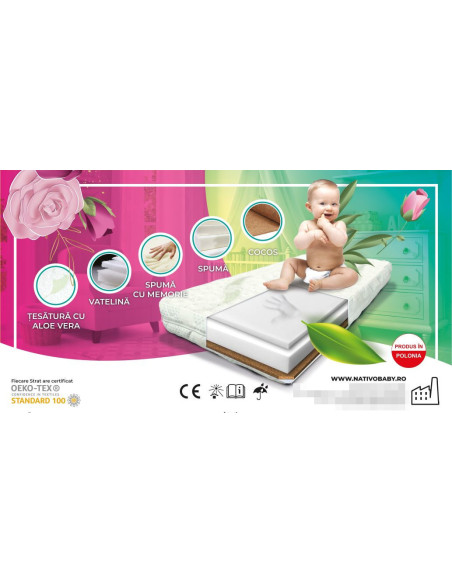 NAT-D/VPK-VK60,Saltea cocos-spuma-spuma cu memorie 120x60x10 cm Nativo Dreams Aloe Vera