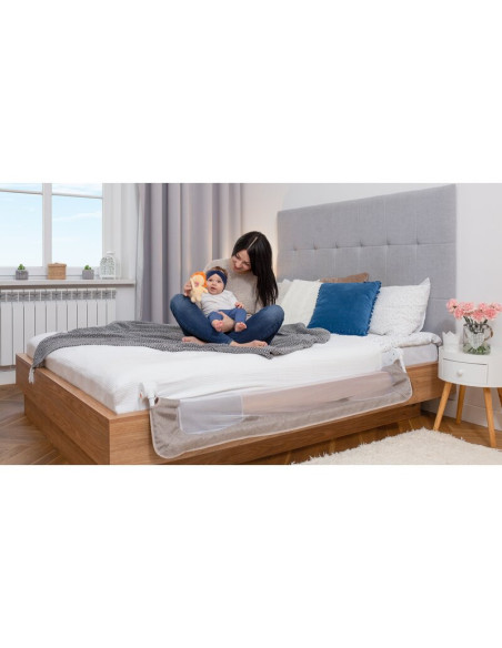 BN-LO-EVA_BEIGE_MELANGE,Protectie laterala pat, Lionelo, Eva, Cu buzunar accesorii, 150x35 cm, Conform cu standardul european de