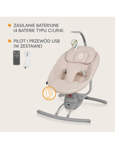 BN-LO-RIO_BEIGE_LATTE,Leagan, Lionelo, Rio, Electric, Cu 3 viteze de leganare, Cu 8 melodii, Cu telecomanda, Cu husa detasabila,