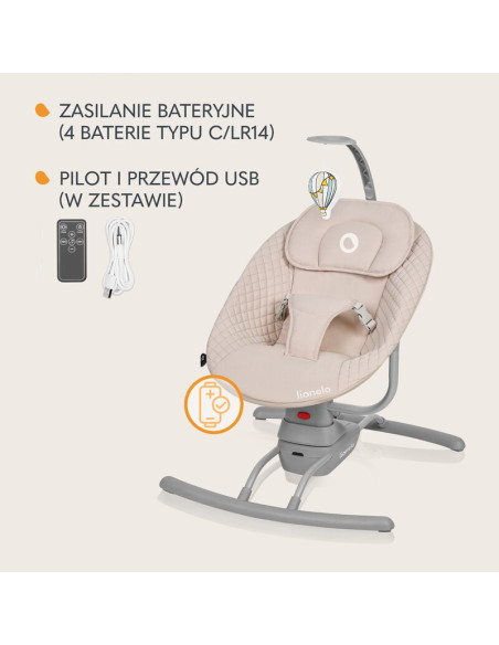 BN-LO-RIO_BEIGE_LATTE,Leagan, Lionelo, Rio, Electric, Cu 3 viteze de leganare, Cu 8 melodii, Cu telecomanda, Cu husa detasabila,