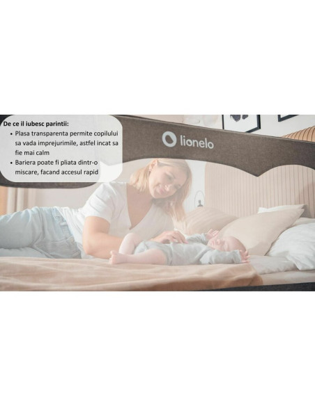 BN-LO-HANNA_BEIGE_MELANGE,Protectie laterala pat, Lionelo, Hanna, Cu buzunar accesorii, 150x66 cm, Conform cu standardul europea