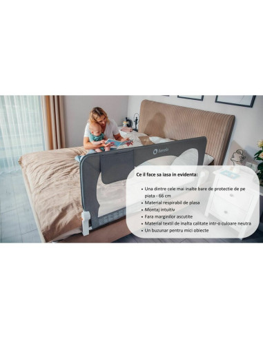 BN-LO-HANNA_BEIGE_MELANGE,Protectie laterala pat, Lionelo, Hanna, Cu buzunar accesorii, 150x66 cm, Conform cu standardul europea