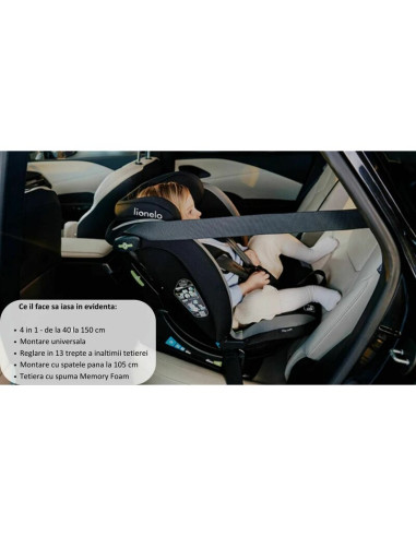 BN-LO-AART_I-SIZE_BLACK_CARBON_RED,Scaun auto, Lionelo, Aart i-Size, Cu spatar inclinabil in 4 pozitii, Cu tetiera reglabila in 