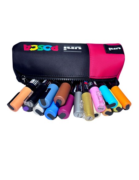 Penar cilindric POSCA 003 1 fermoar, echipat cu 16 piese, Negru/Rosu