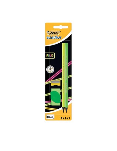 Creion BIC Evolution Fluo B/2 + Radiera + Ascutitoare, Verde