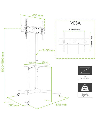 Stand TV mobil Techly TV LCD LED 30-65, Negru ICA-TR6, 309982 "ICA-TR6"