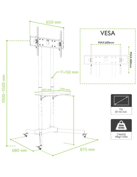 Stand TV mobil Techly TV LCD LED 30-65, Negru ICA-TR6, 309982 "ICA-TR6"
