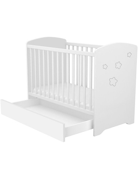 PHSMAS,Patut copii din lemn cu sertar Hubners Matei 120x60 cm alb cu stelute