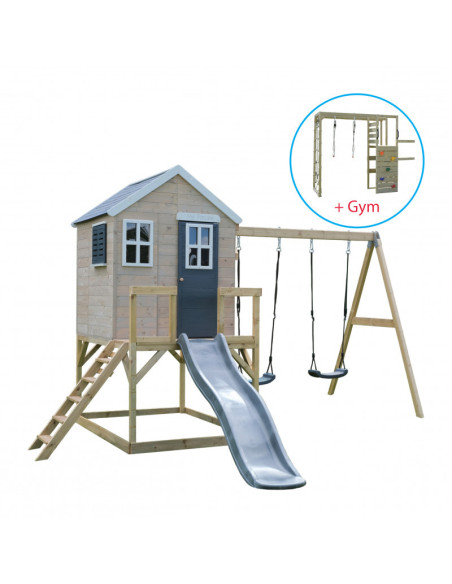 M28G_G,M28G_G - Casuta de gradina Grey Lodge cu tobogan, leagan dublu, modul sport (M28G_G), Wendi Toys