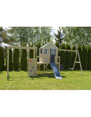 M28G_G,M28G_G - Casuta de gradina Grey Lodge cu tobogan, leagan dublu, modul sport (M28G_G), Wendi Toys