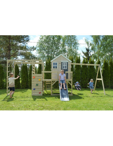 M28G_G,M28G_G - Casuta de gradina Grey Lodge cu tobogan, leagan dublu, modul sport (M28G_G), Wendi Toys