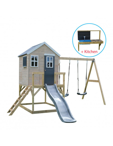 M28G_K,Casuta de gradina Lime Lodge cu tobogan, leagan dublu si bucatarie (M28G_K), Wendi Toys