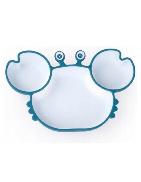 BN-GG_50808,Farfurie, Giligums, Crab Premium, Cu 3 compartimente, Cu ventuza, Din silicon, Fara BPA, 6 luni+, Alb/Turcoaz