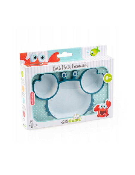 BN-GG_50808,Farfurie, Giligums, Crab Premium, Cu 3 compartimente, Cu ventuza, Din silicon, Fara BPA, 6 luni+, Alb/Turcoaz