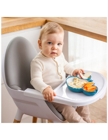 BN-GG_50808,Farfurie, Giligums, Crab Premium, Cu 3 compartimente, Cu ventuza, Din silicon, Fara BPA, 6 luni+, Alb/Turcoaz