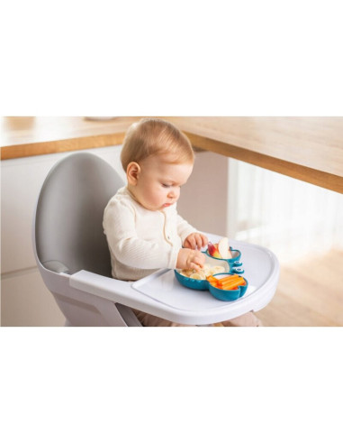 BN-GG_50808,Farfurie, Giligums, Crab Premium, Cu 3 compartimente, Cu ventuza, Din silicon, Fara BPA, 6 luni+, Alb/Turcoaz