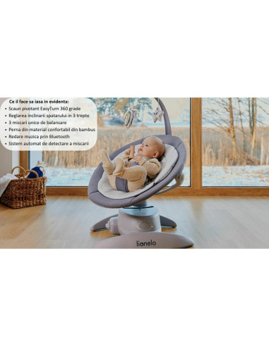 BN-LO-MELL_GREY_STONE,Balansoar, Lionelo, Mell, 2 in 1, Rotire 360 grade, Electric, Cu 3 moduri de leganare, Cu 5 trepte de vite