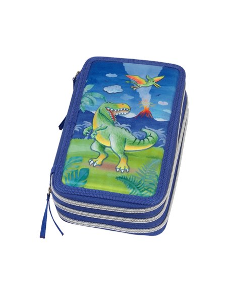 Penar echipat cu 3 fermoare 44 piese Faber-Castell FC573041, Motiv dinozaur