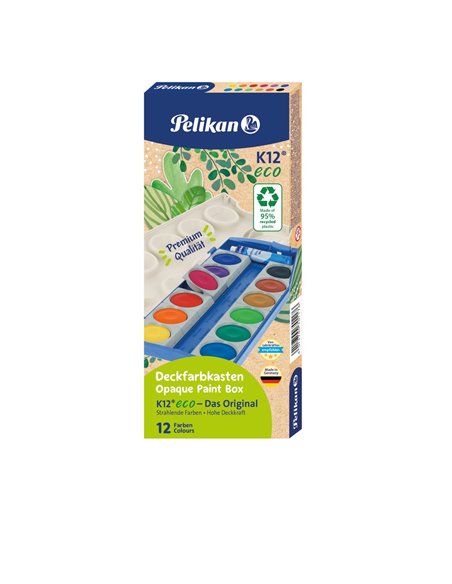 Acuarele K12 ECO din materiale reciclate, set 12 culori + alb de zinc