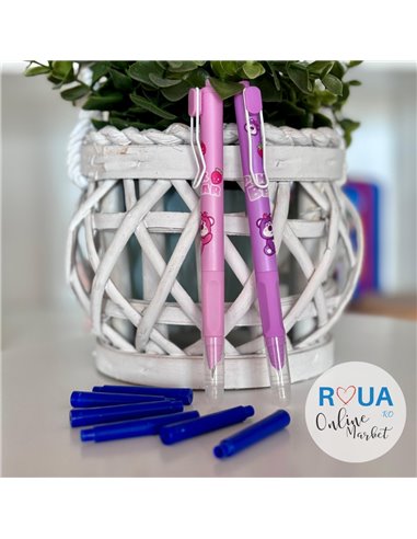 Set stilouri cu mecanism si cerneala termosensibila + rezerve, Motiv pink bear 2