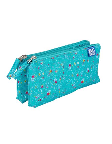 Penar etui dublu 2 fermoare OXFORD floral, Turcoaz