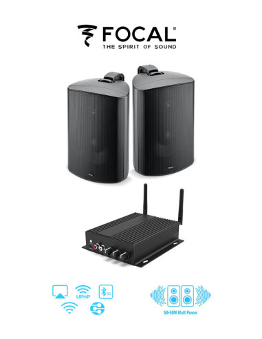 PAC-SA100-2xOD6-NEGRU,Pachet sonorizare premium de Terasa cu RAKOIT SA100 si 2 boxe FOCAL 100 OD6 Negre, WiFi Streaming, Bluetoo