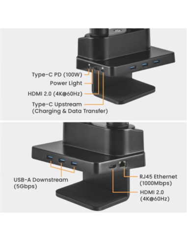 BM-MNT20-2,Suport 2 monitoare de masa cu Statie docking 8-in-1, Blackmount MNT20-2, 17"-32", max.8 kg/brat, otel, negru